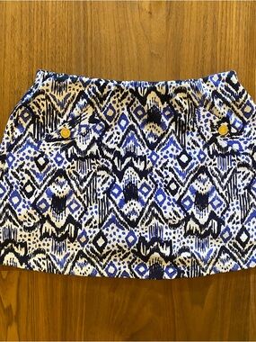 Lilly Pulitzer Blue, Black & White Ikat Mini Skirt with Gold Buttons